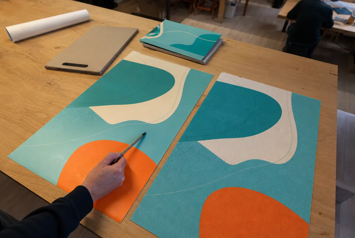 Close-up of two A3 test prints of the same design on vinyl and on fabric