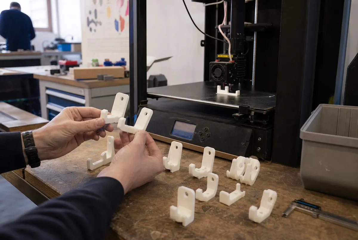 Successive 3D printed prototype versions compared next to a running printer