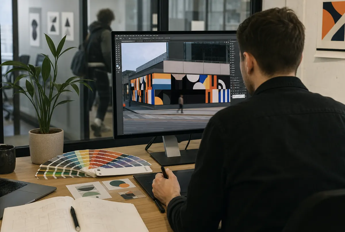 Un graphiste conçoit une enseigne sur une photo de façade au studio PAO