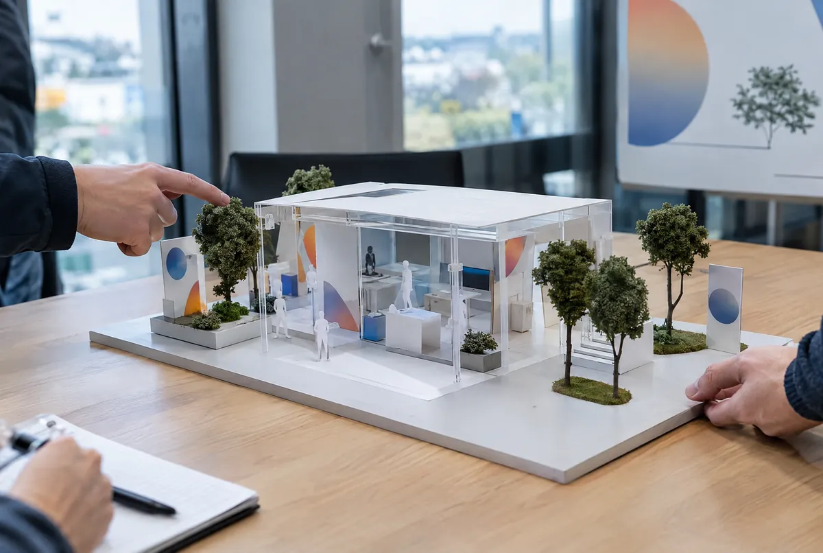 Maquette de pavillon d'exposition en PVC, plexi et arbres imprimés en 3D sur une table