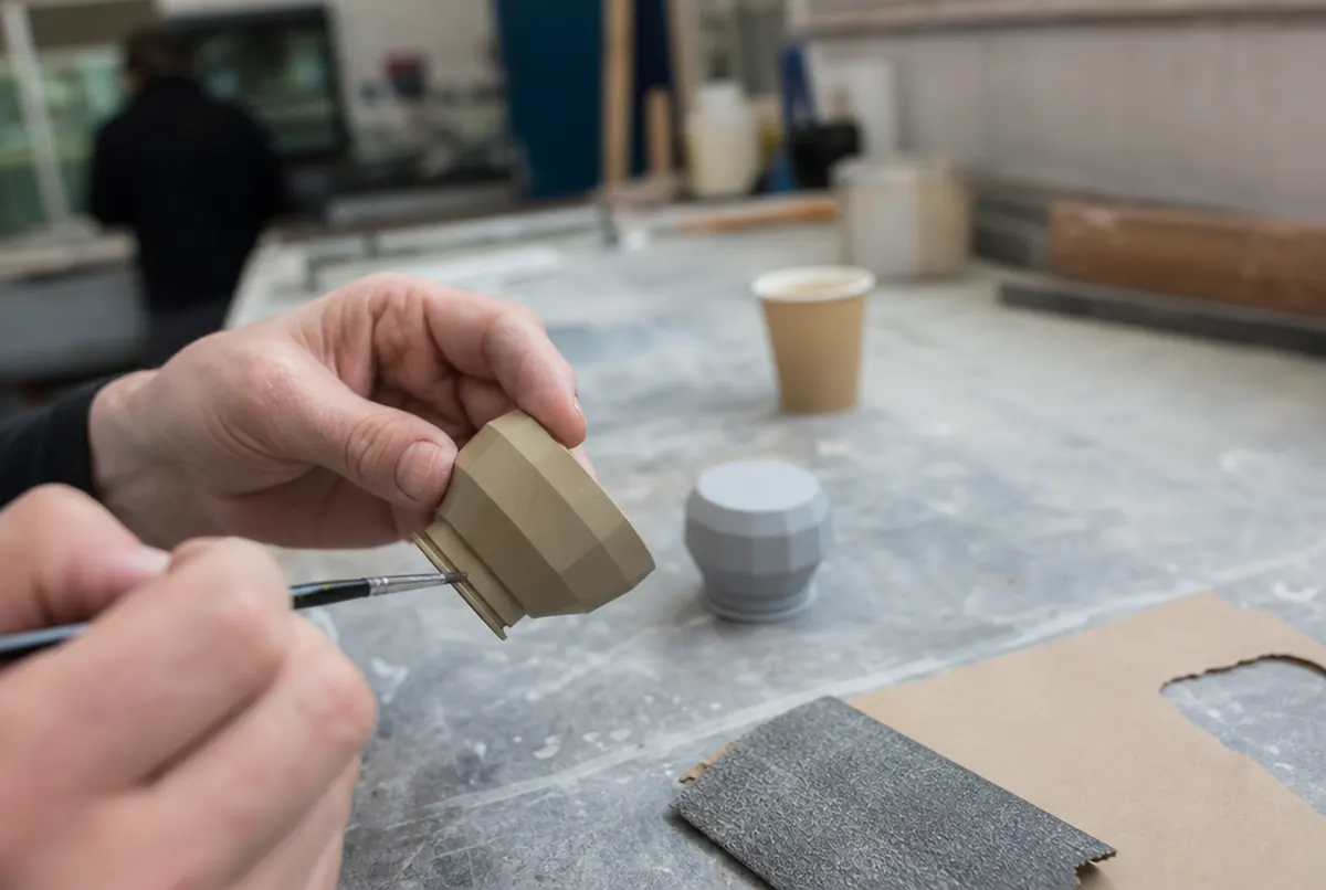 Painting a sanded and primed 3D printed prototype on the workshop bench