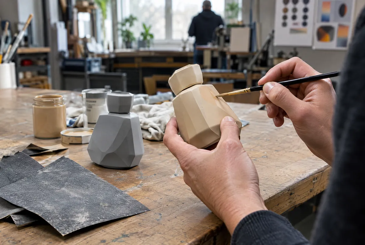 Mise en peinture d'un prototype imprimé en 3D poncé et apprêté à l'atelier