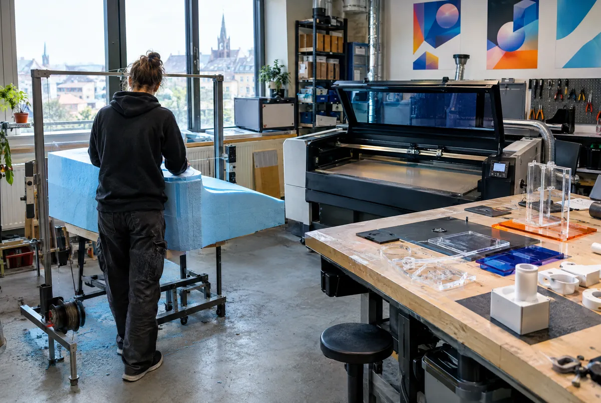Découpe de polystyrène au fil chaud à l'atelier de maquettes, près du laser