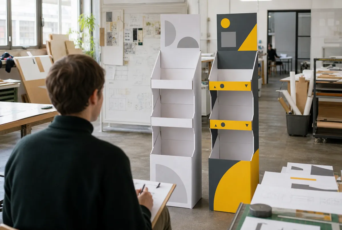 A white display mock-up beside its first printed version in the design studio