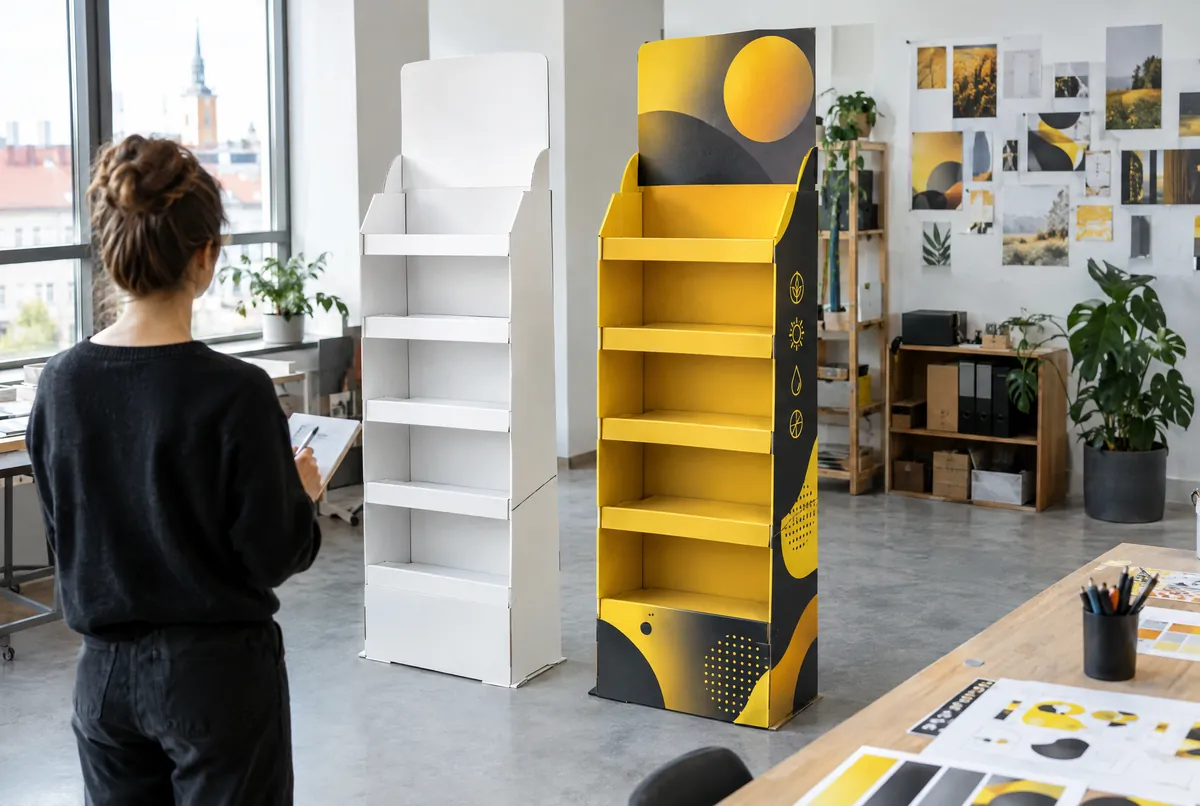 Maquette blanche de présentoir à côté de sa première version imprimée au studio
