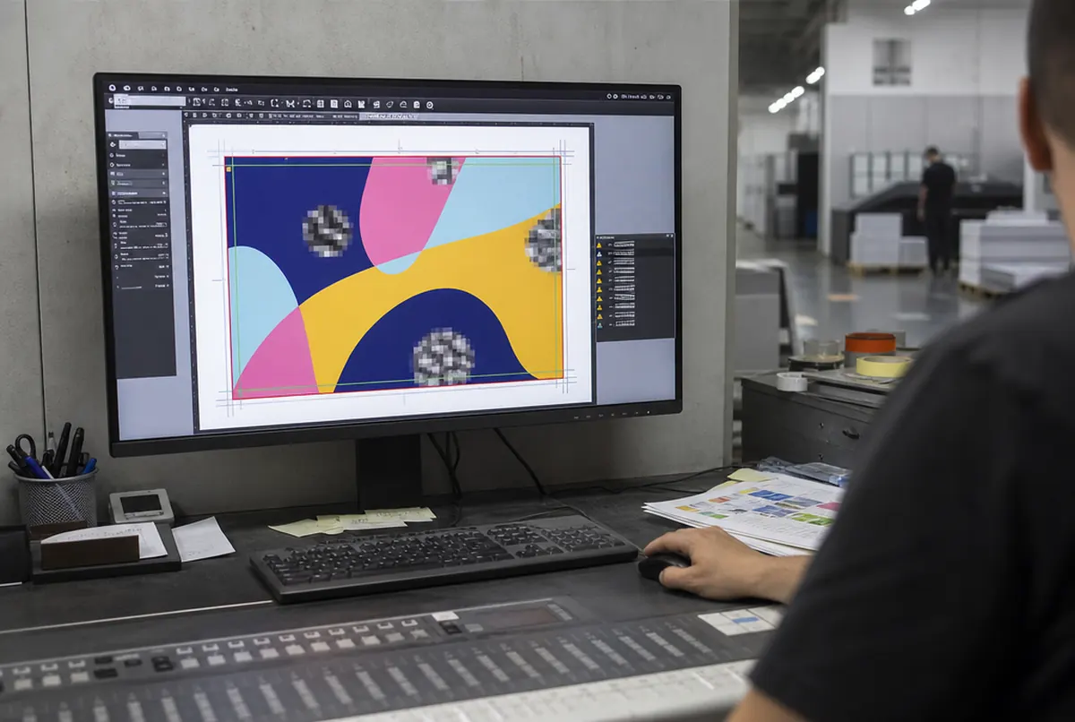 Checking a print file on screen: bleed, crop marks and preflight warnings