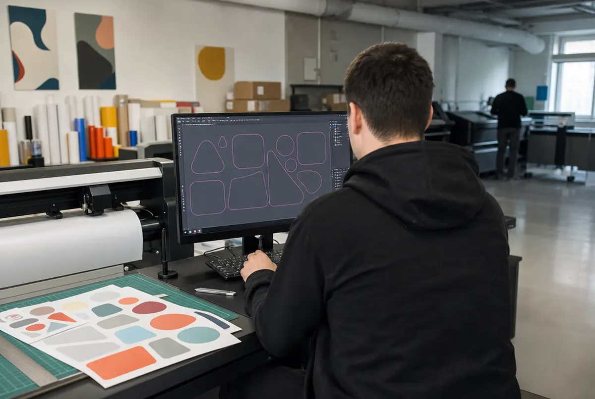 Preparing sticker cut paths on a separate layer, cut sheets from the plotter nearby