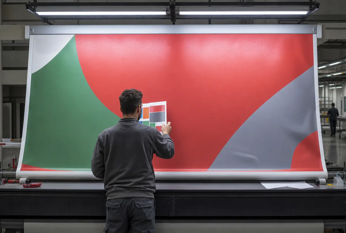 A proof on banner material compared with a reference under daylight lamps