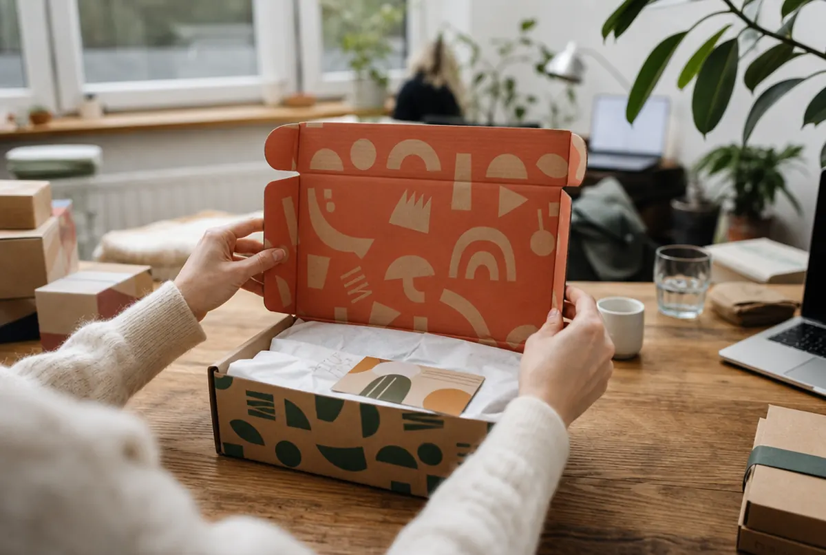 A kraft mailer box being opened, printed outside with a colourful printed interior