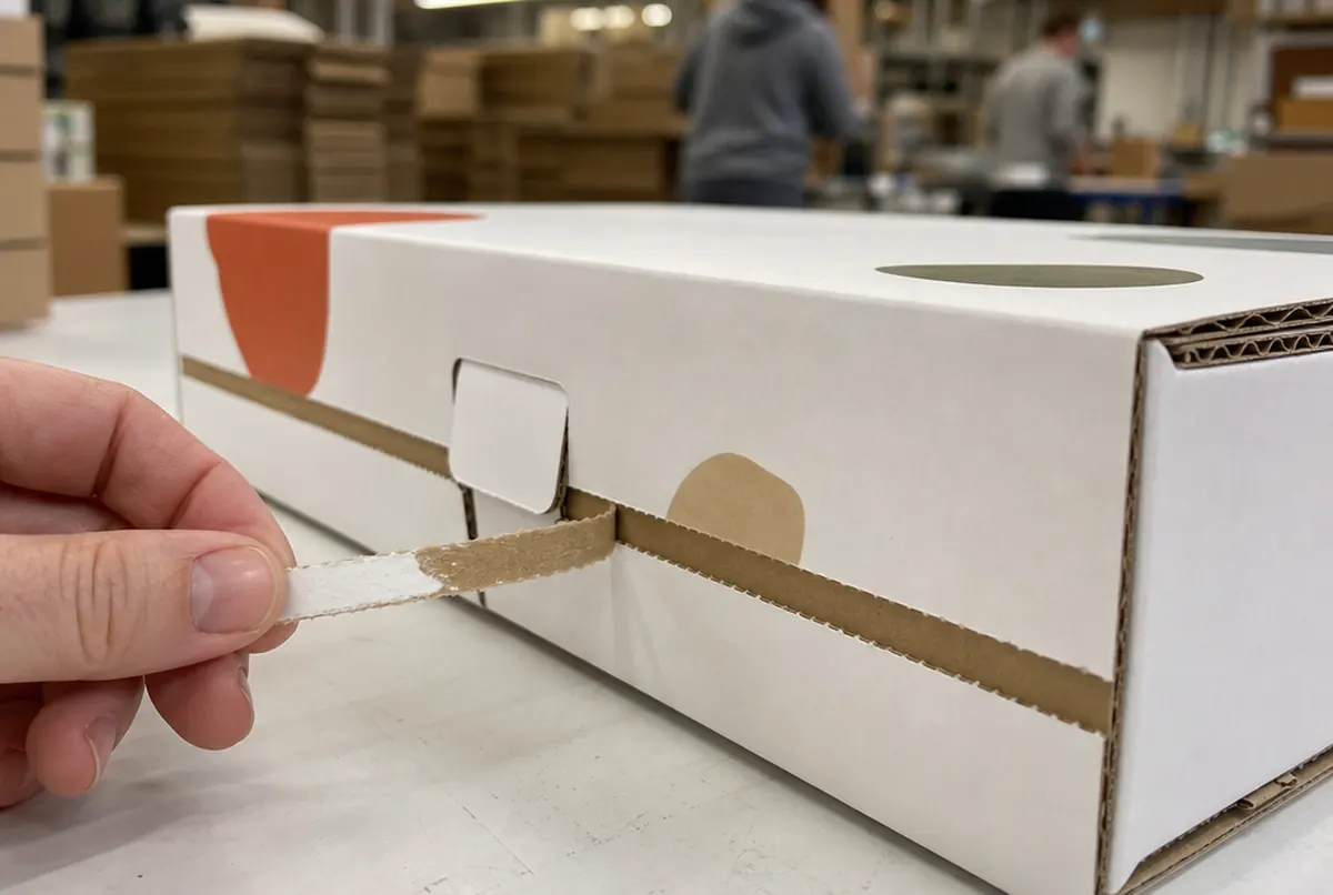 Close-up of a die-cut mailer: E-flute cross-section, tuck flap and tear strip