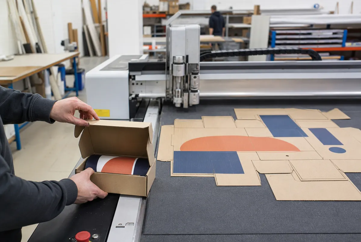 Cutting an e-commerce box prototype on the plotter and checking the product fit