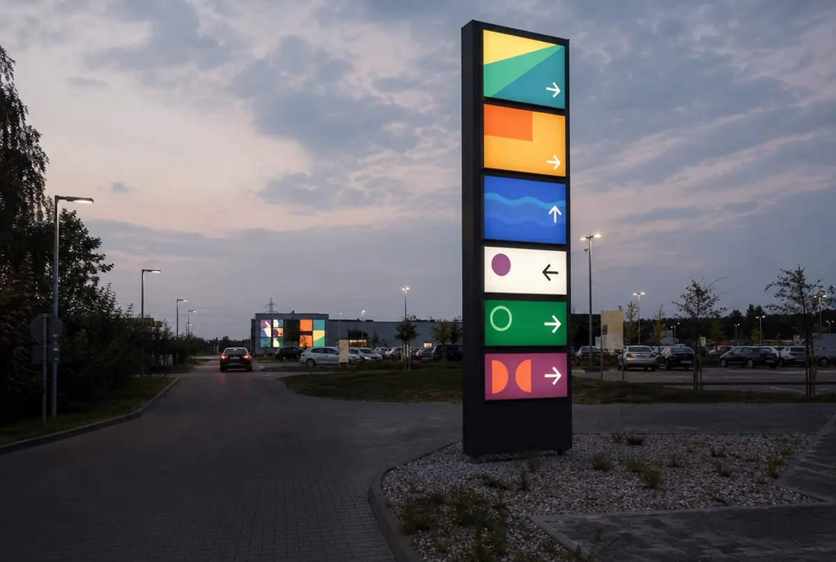 Haut totem lumineux avec panneaux d'enseignes à l'entrée d'un retail park