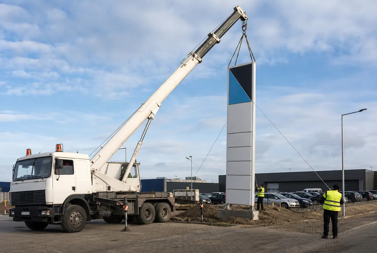 Un camion-grue pose un haut totem sur sa fondation, guidé par des ouvriers