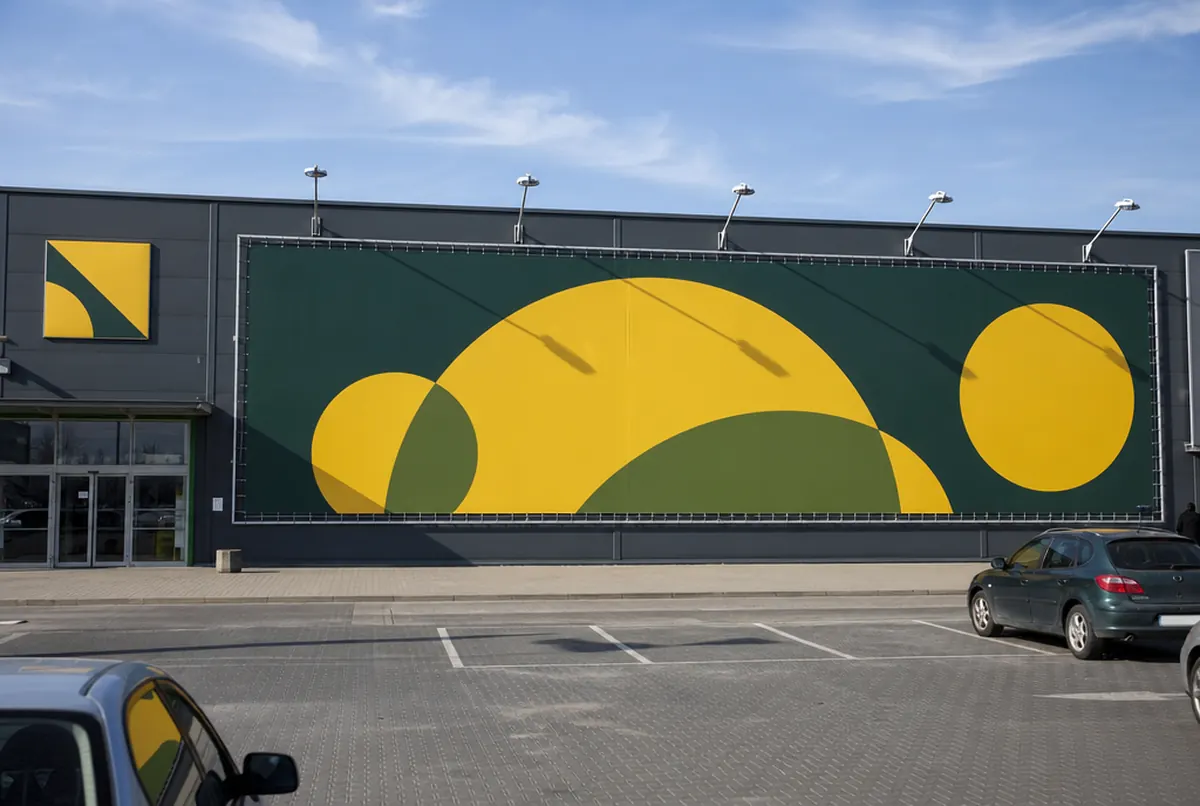 Tension frame holding a flat yellow and green banner on a retail hall facade