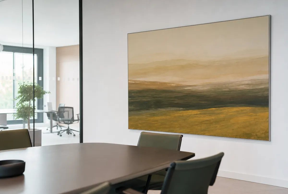 SEG fabric frame with an olive and ochre graphic on a meeting room wall