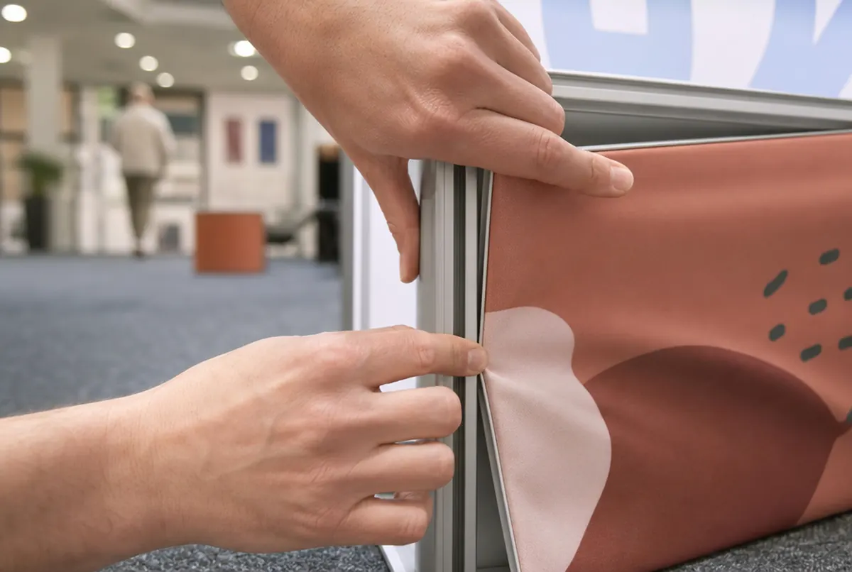 Fingers pressing silicone-edged fabric into the groove of an aluminium SEG profile