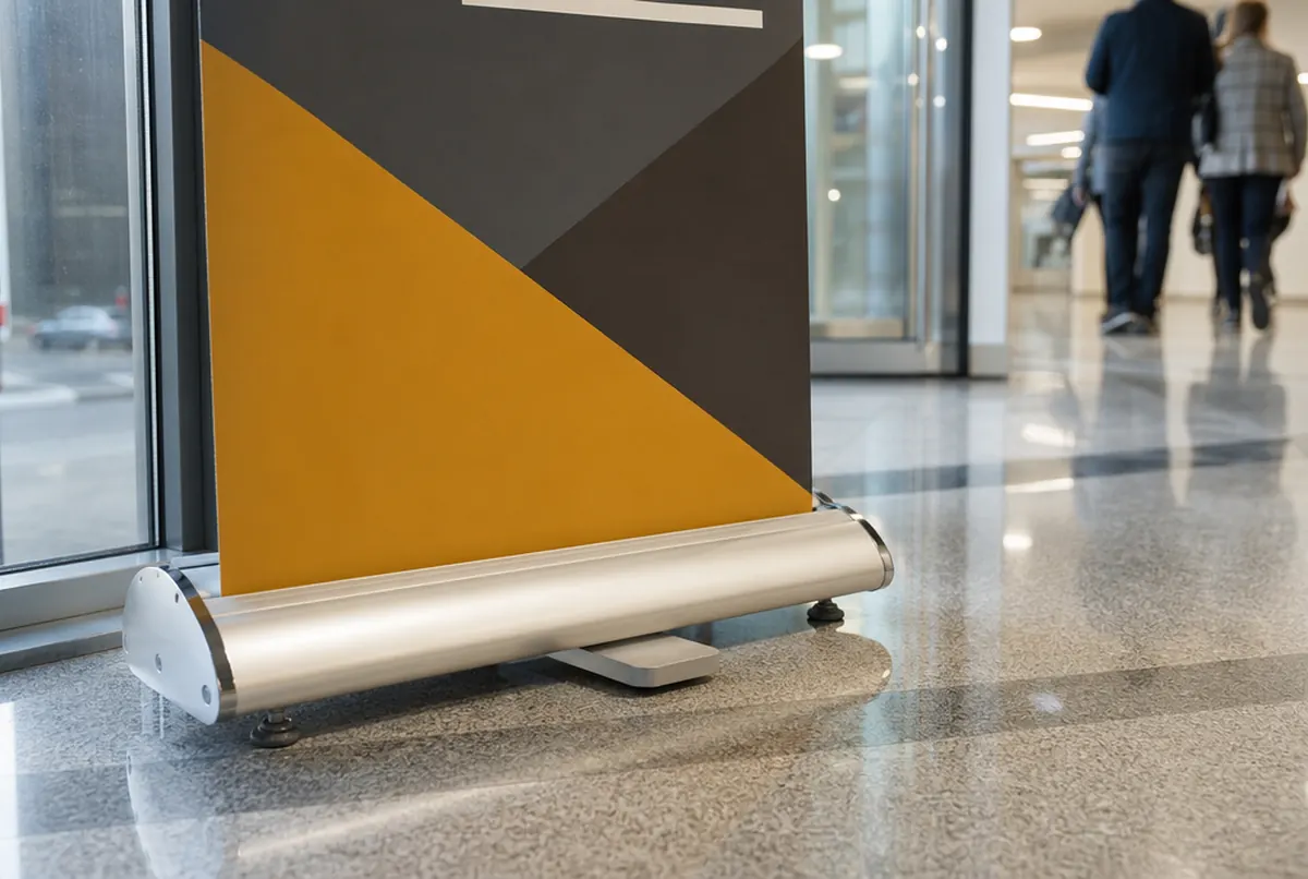 Nahaufnahme der Alukassette eines Roll-ups mit austretendem blickdichtem Druck
