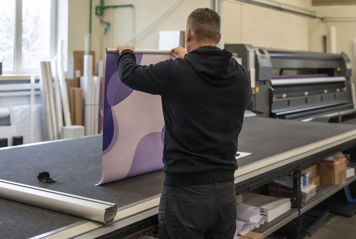 Einbau der gedruckten Grafik in die Roll-up-Kassette am Montagetisch der Druckerei