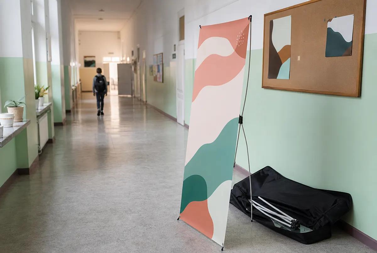 X-Banner auf gespanntem Stabgestell im Schulflur neben der Transporttasche