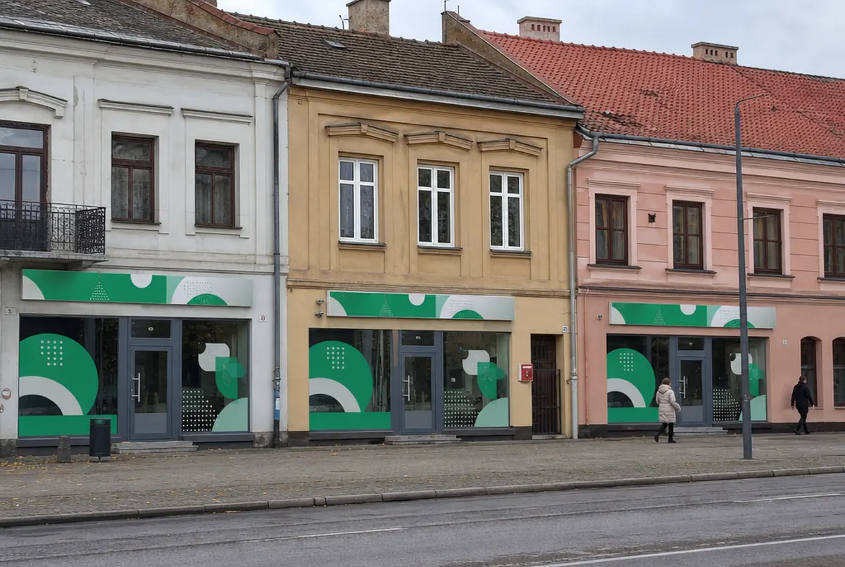 Chain outlets after rebranding with identical signage and window graphics