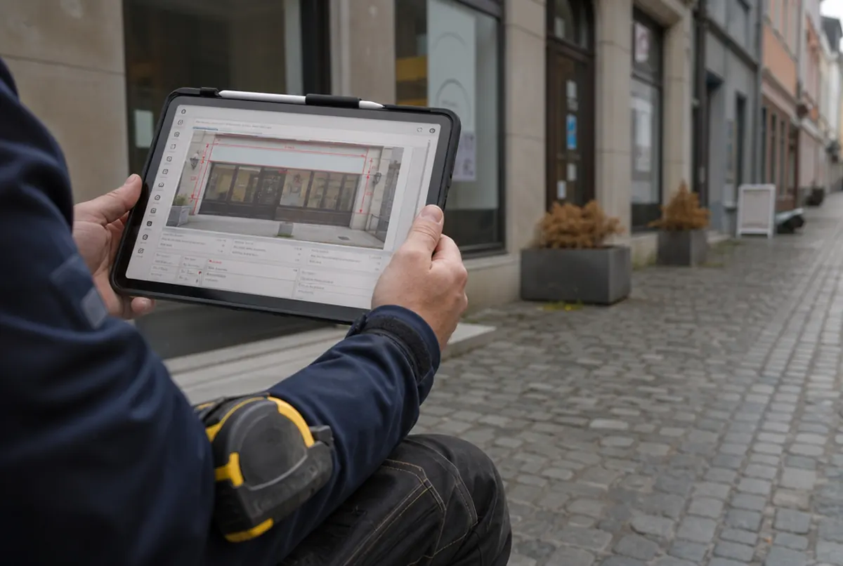 Close-up of a tablet with a site survey card: shop front photo and measurements