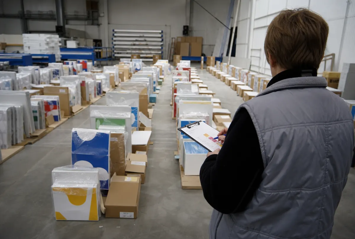 Kits for each chain outlet lined up in numbered rows in the hall