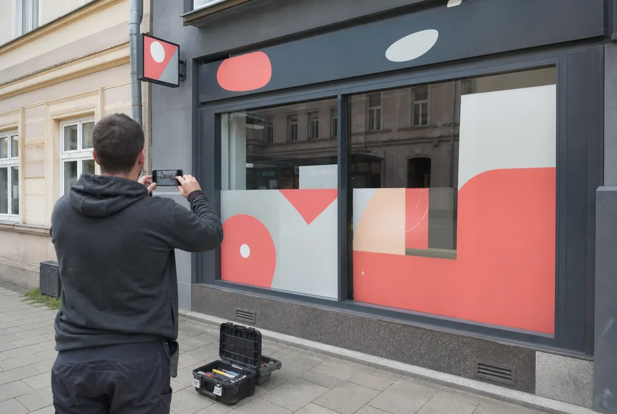 An installer photographing a finished shop front for the rollout report