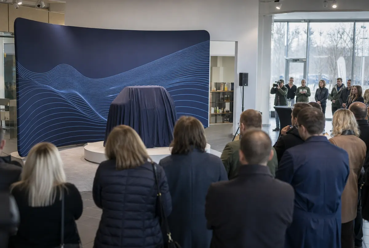 Gebogene Stoffwand als Kulisse einer Produktpremiere im Showroom