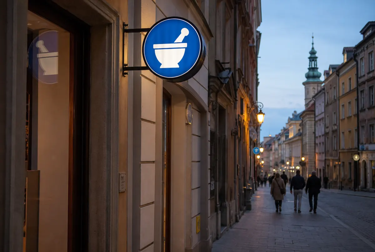 Round double-sided illuminated projecting sign on a steel bracket on an old-town house