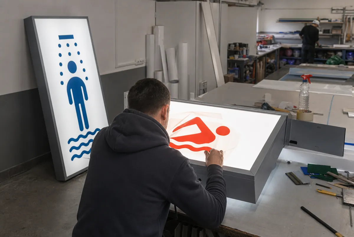 Worker applying translucent vinyl to the acrylic face of a projecting sign in the workshop