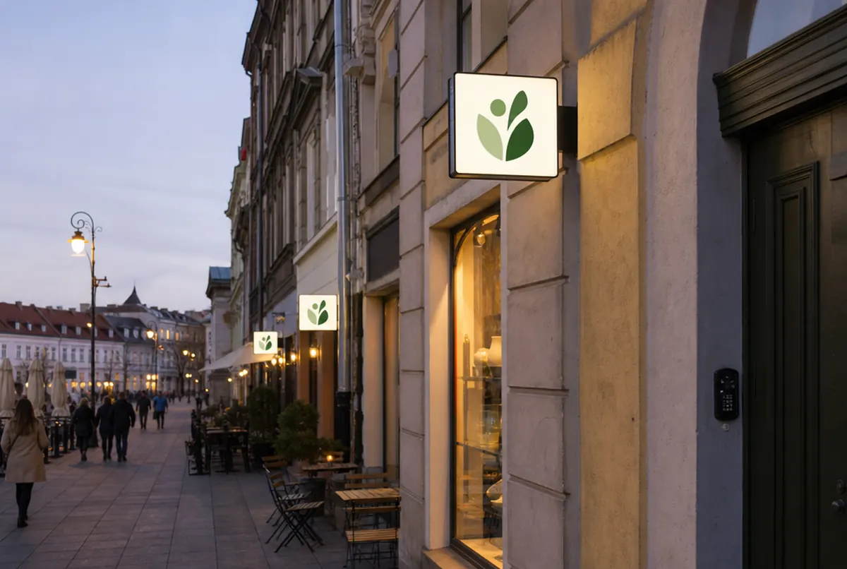 Several identical double-sided projecting signs glowing along a café promenade at evening