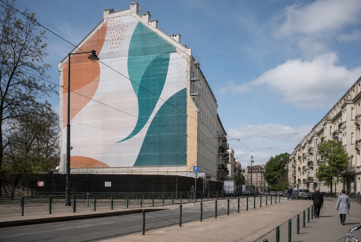 Bâche mesh grand format turquoise et orange couvrant le pignon d'un immeuble