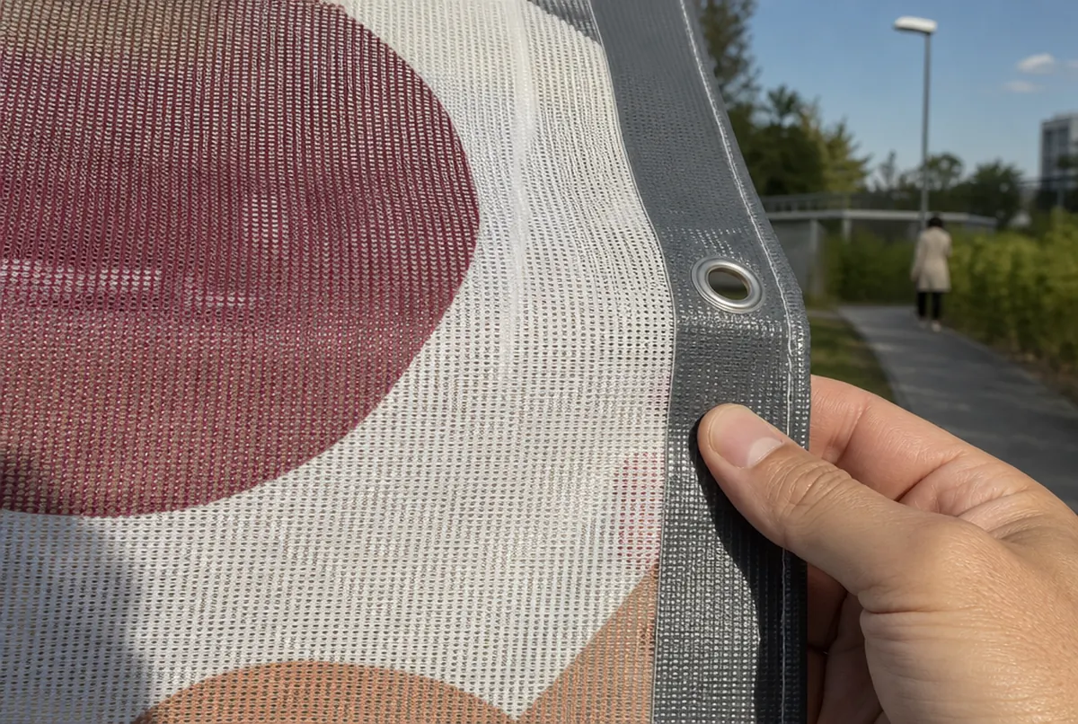 Mesh à contre-jour : micro-perforations, impression sur la trame et bord renforcé
