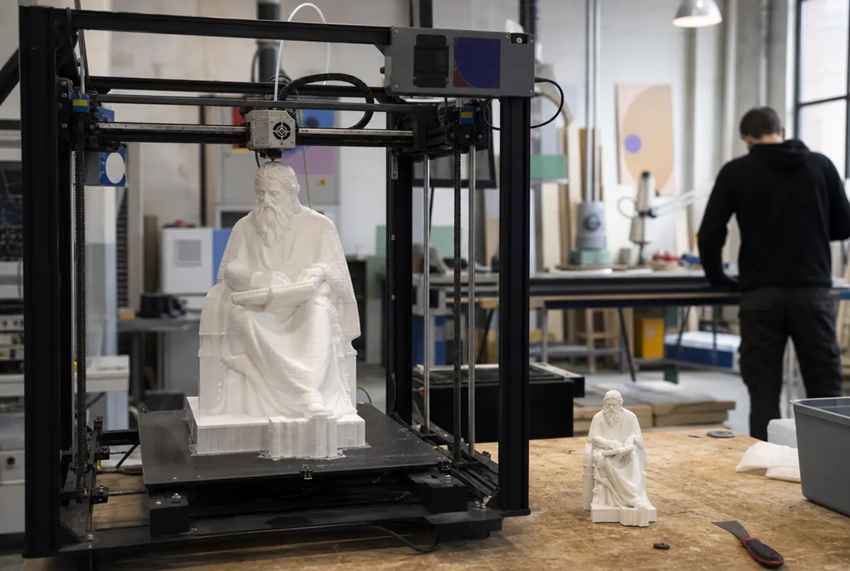 Impression 3D d'une copie agrandie d'une sculpture près de l'original