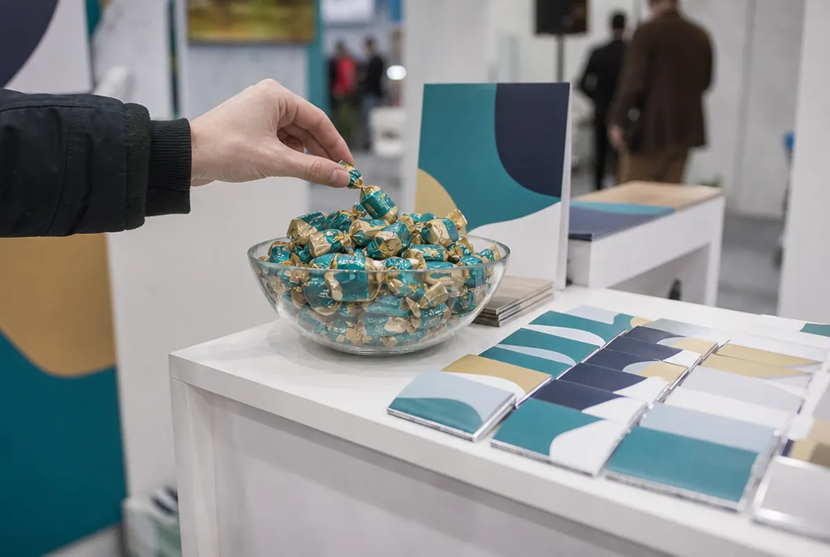 Printed fudge wrappers and mini chocolates on a trade fair stand counter