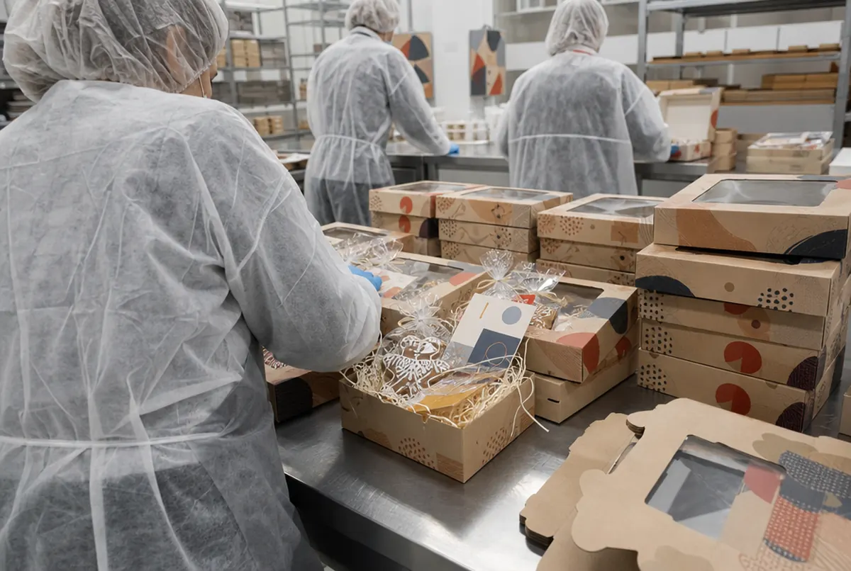 Assembling sweet gift sets in window boxes in a clean packing room