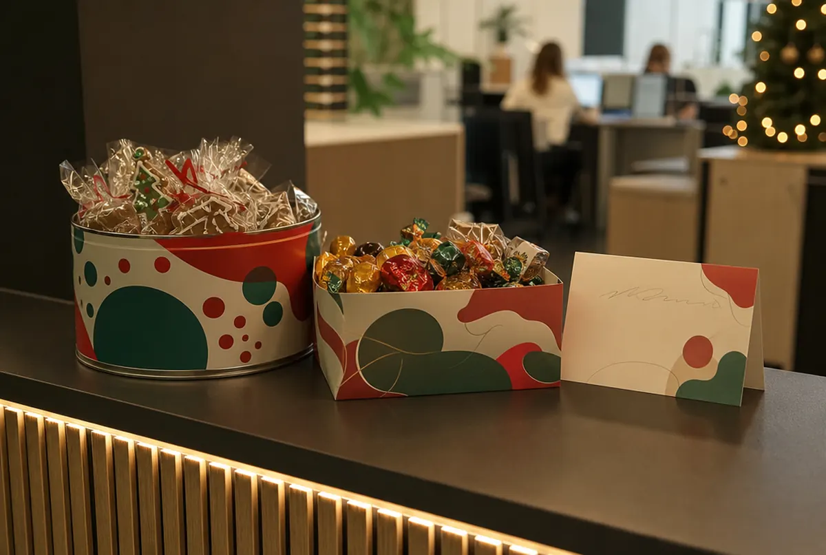 Christmas sweet set in a printed tin and box on an office reception desk