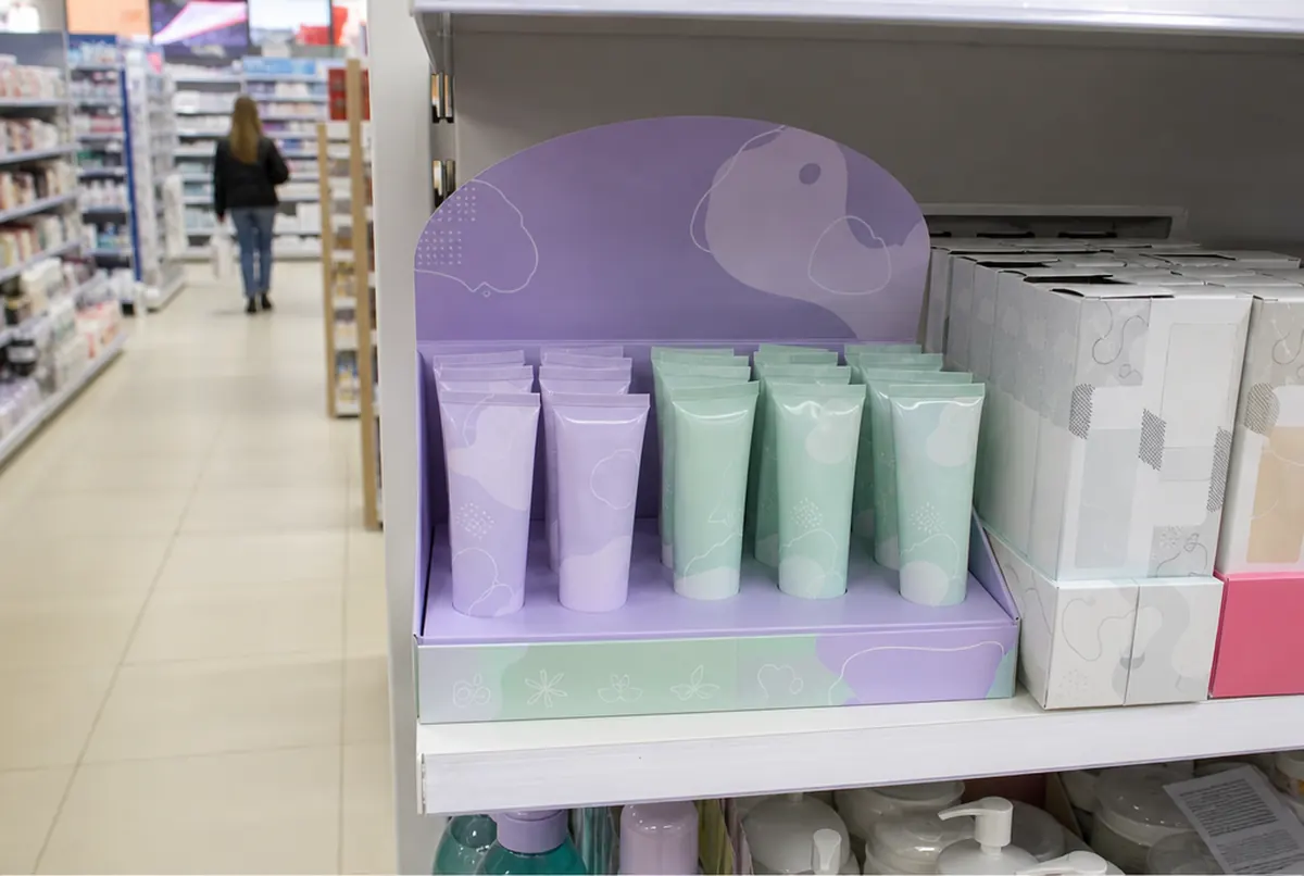 Lilac and mint cardboard shelf stand holding cosmetic tubes in a drugstore
