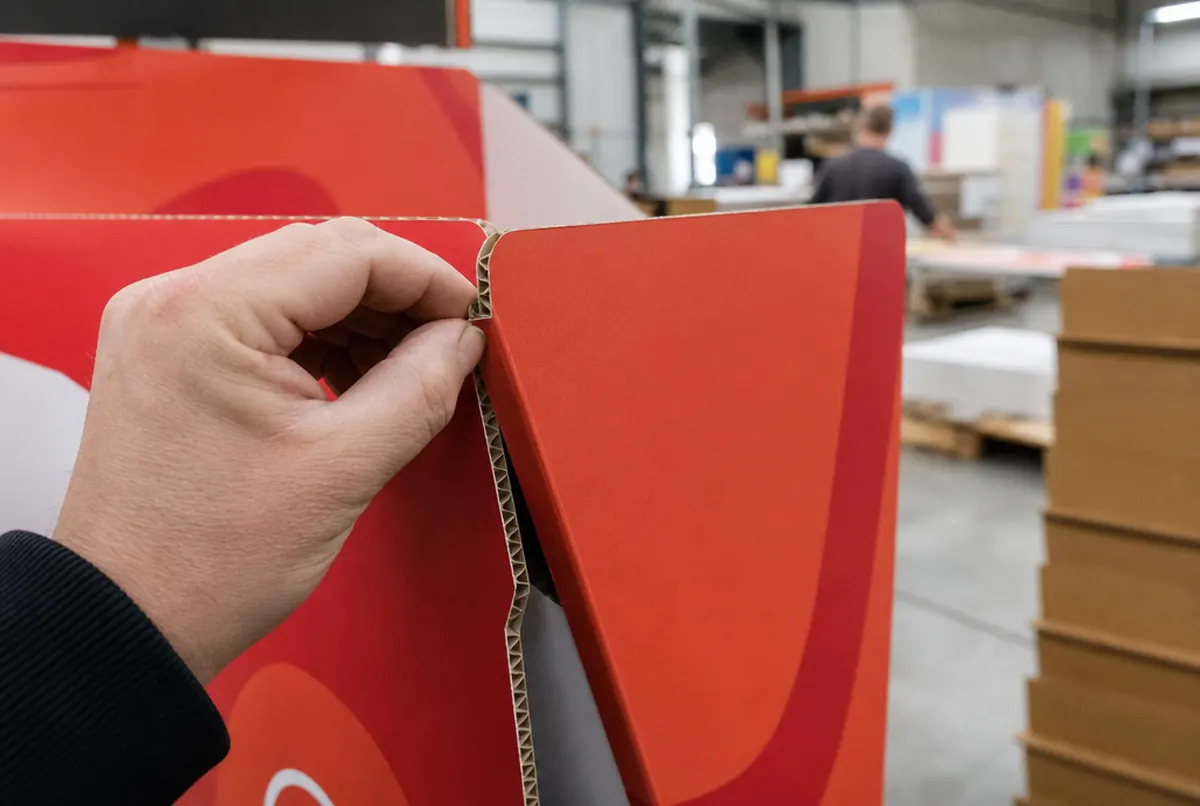 Hand folding a corrugated cardboard shelf stand along a crease, flute structure visible at the edge
