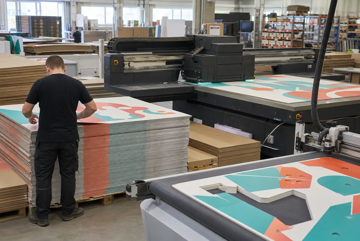 UV printing directly on cardboard and cutting shelf stand blanks in the production hall