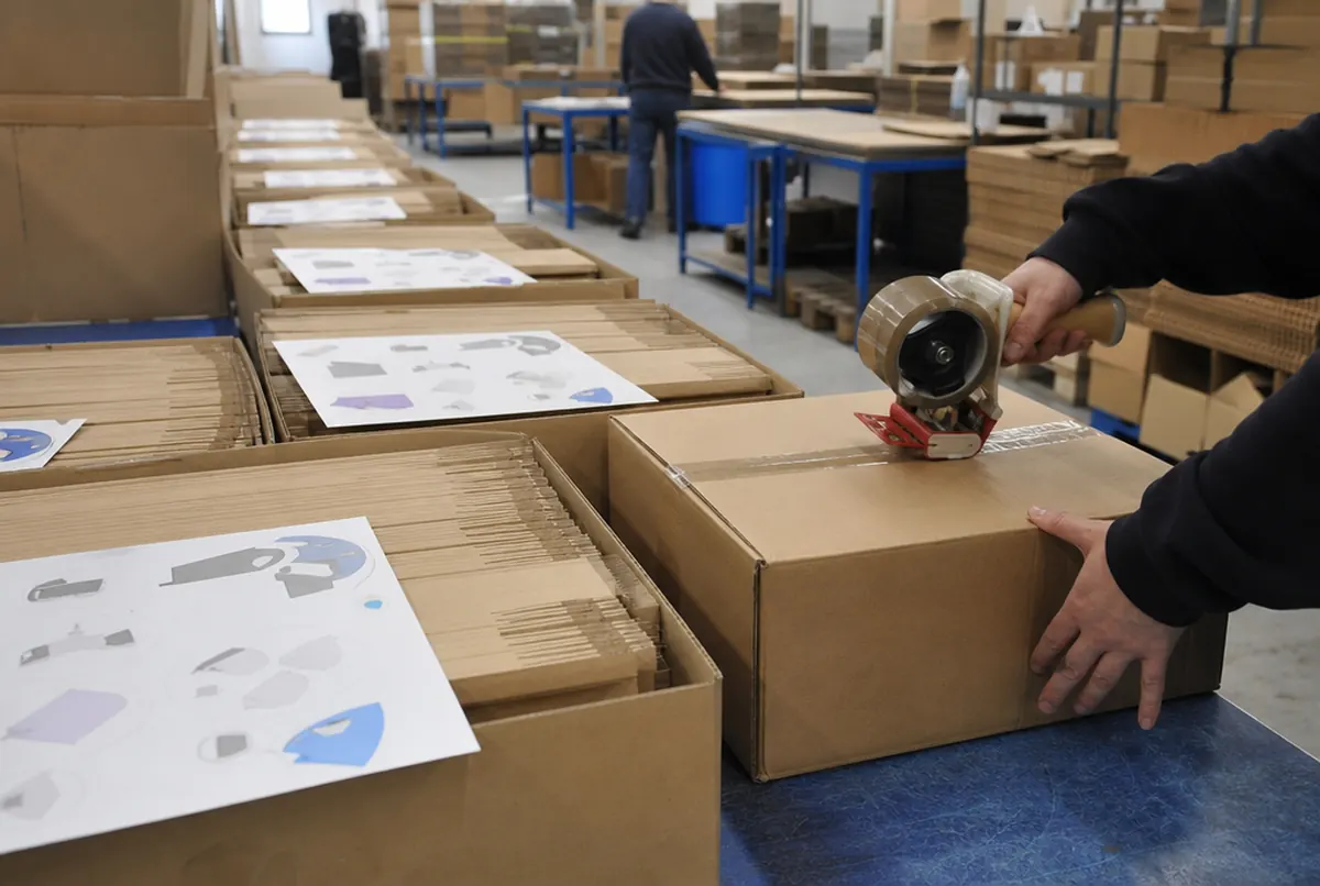 Shelf stands packed flat in shipping cartons with assembly instructions for each store