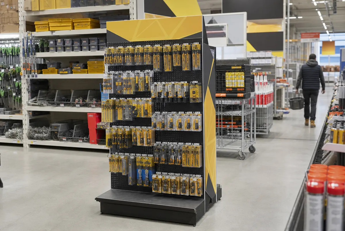 Freestanding hook stand with blister-packed products in a hardware store aisle