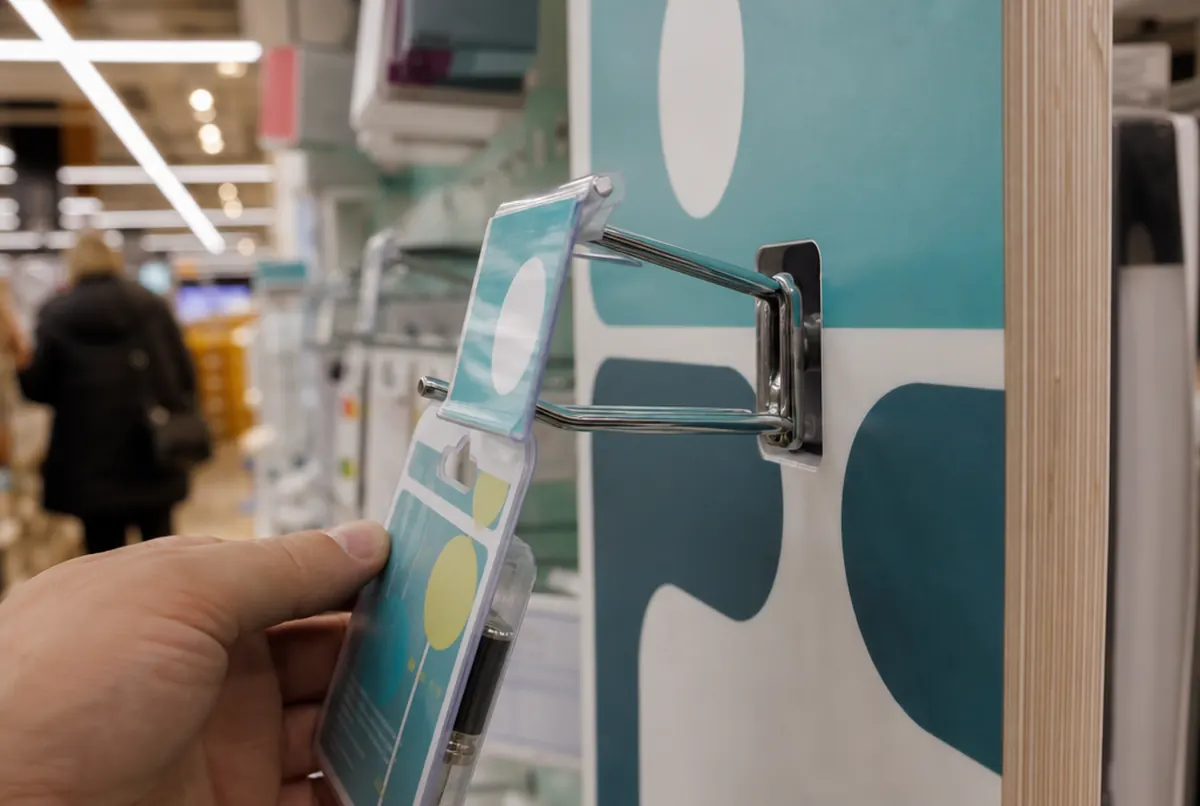 Close-up of a metal hook with price label holder in a routed hole of a PVC panel