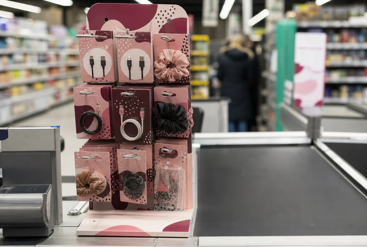 Countertop hook stand with small accessories next to a supermarket checkout