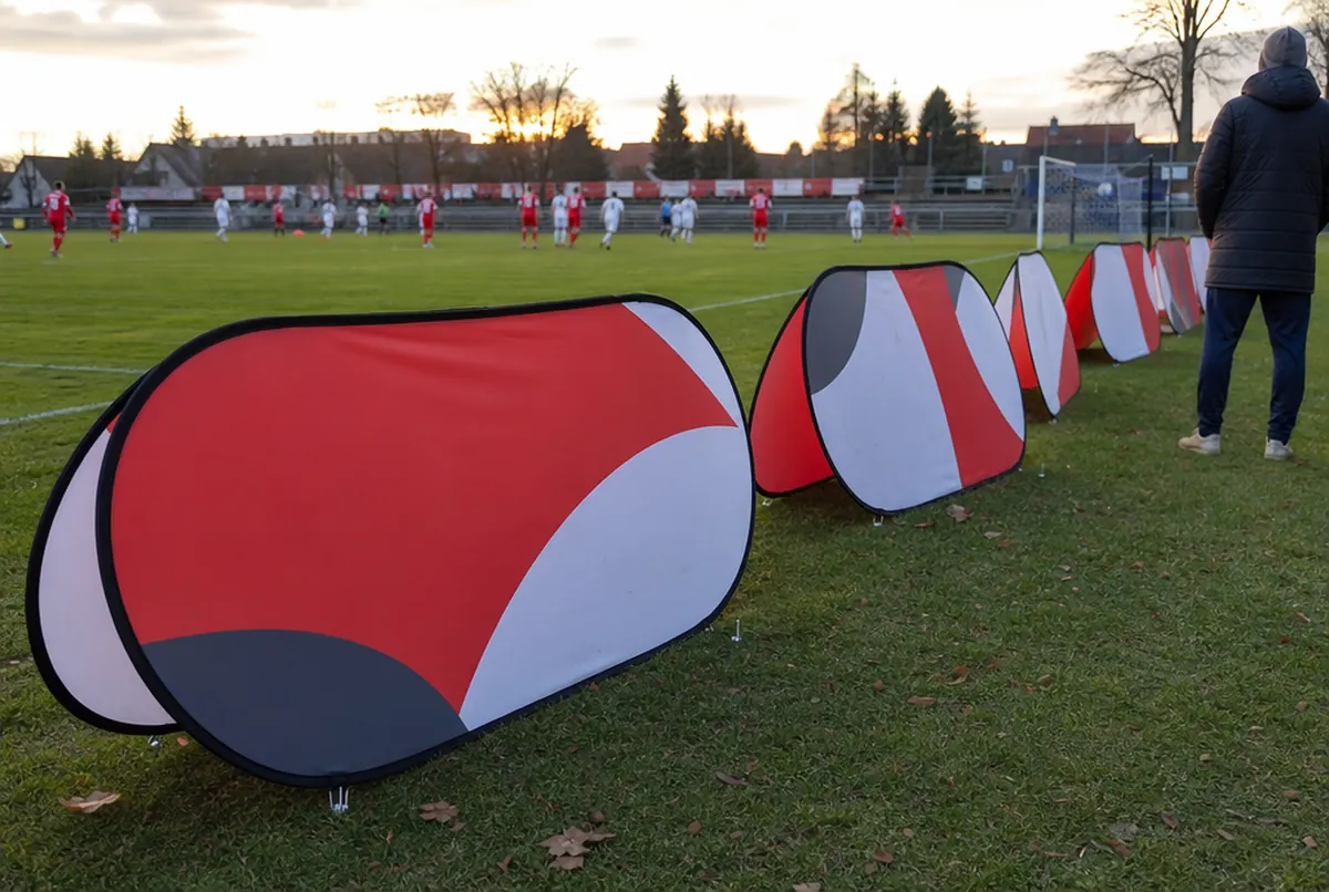 Banners pop-up a lo largo de la banda de un campo de fútbol, sujetos con piquetas