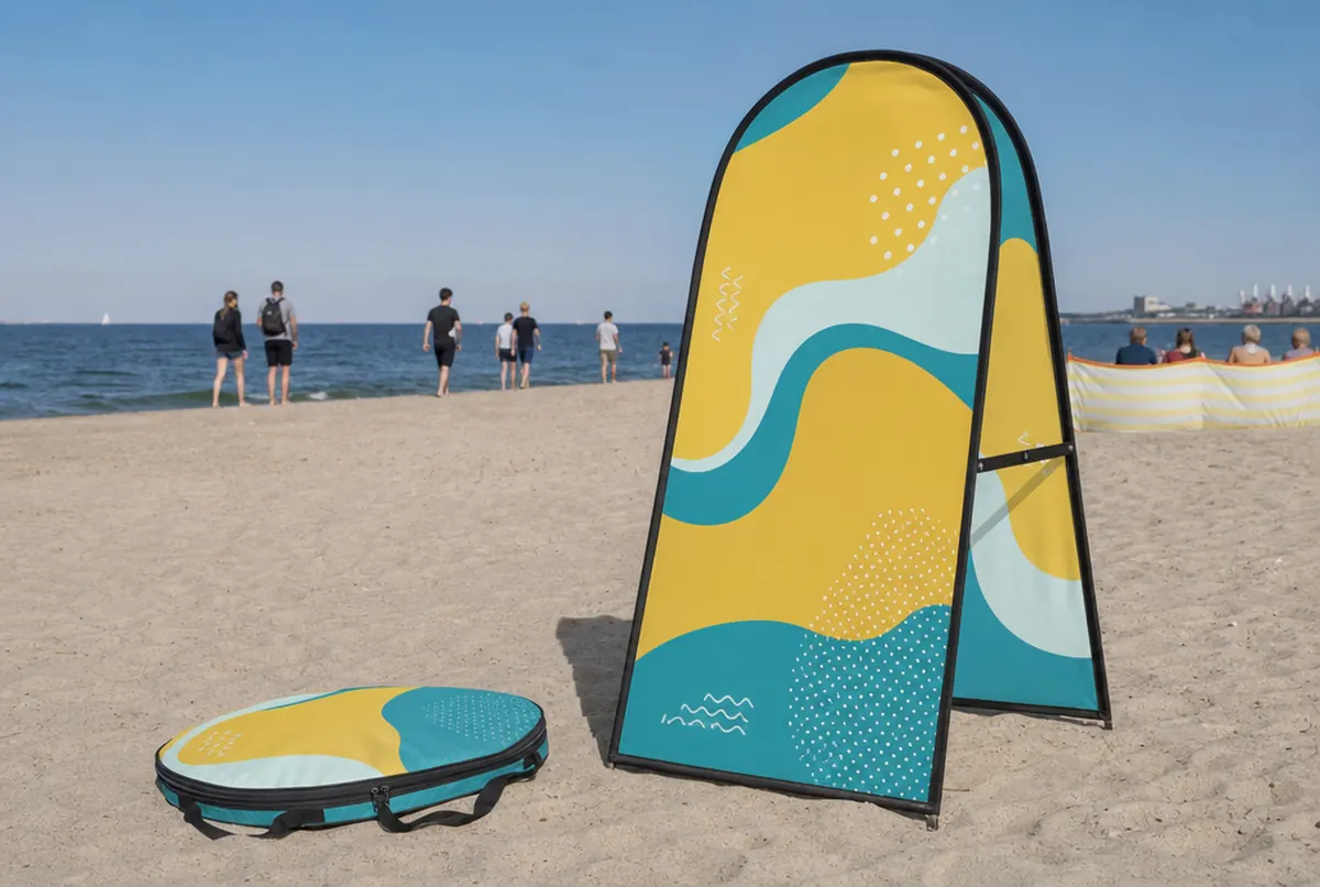 Banner pop-up en forma de A a doble cara en la playa junto a su bolsa