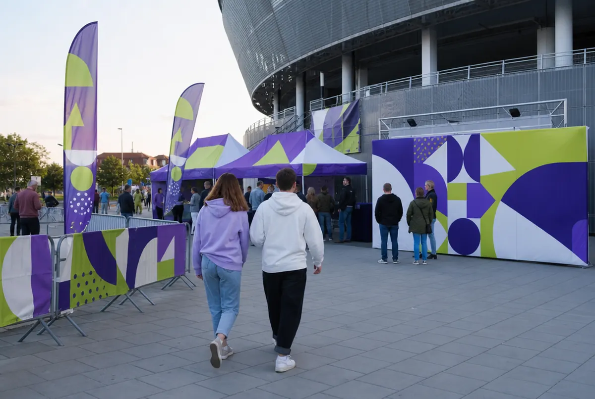 Fan zone devant une salle avec tentes, beach flags et barrières au même visuel