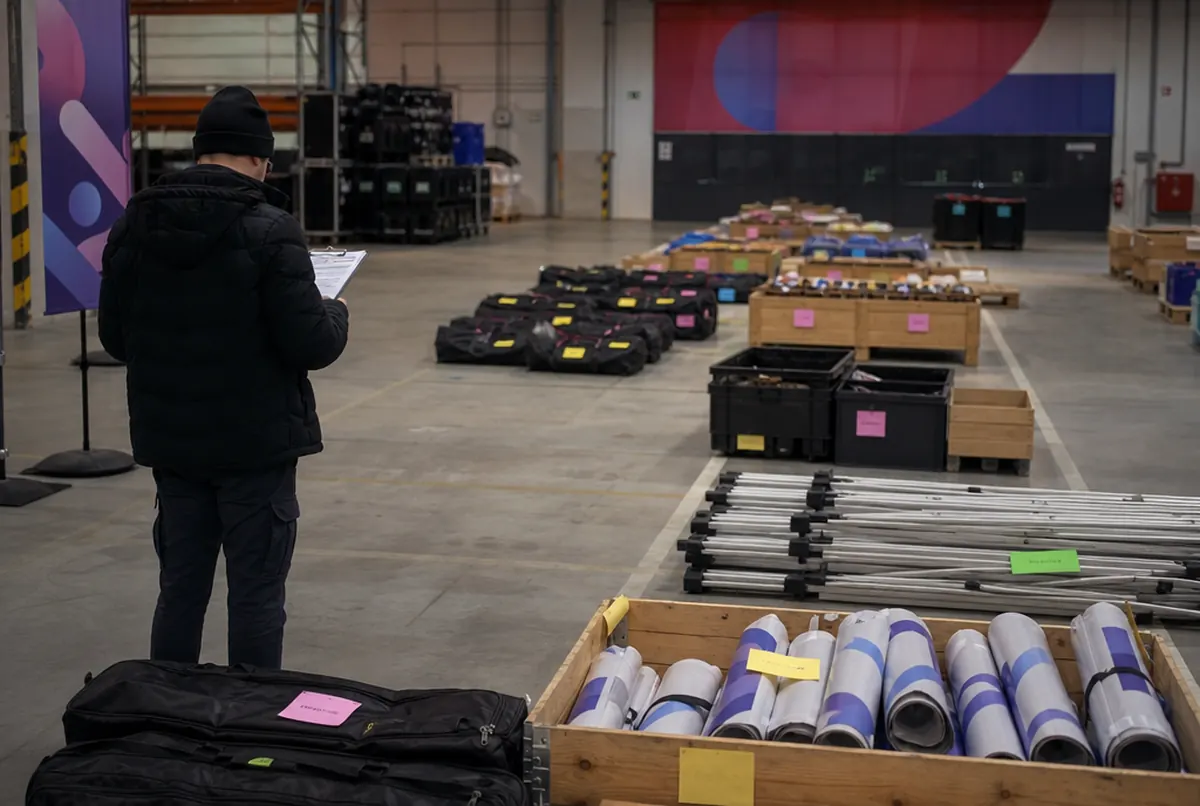 Préparation des éléments de la fan zone selon le plan dans l'entrepôt