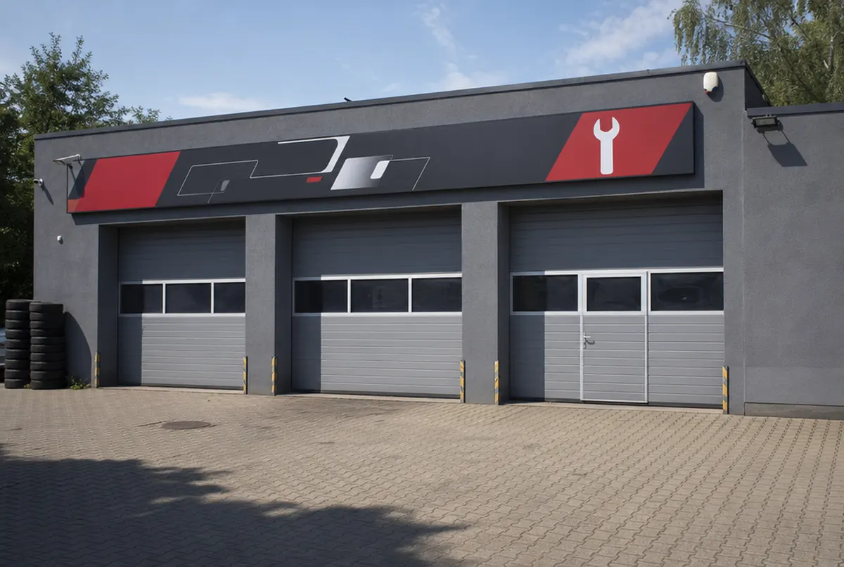 Enseigne en composite alu rouge et noir au-dessus d'un garage automobile