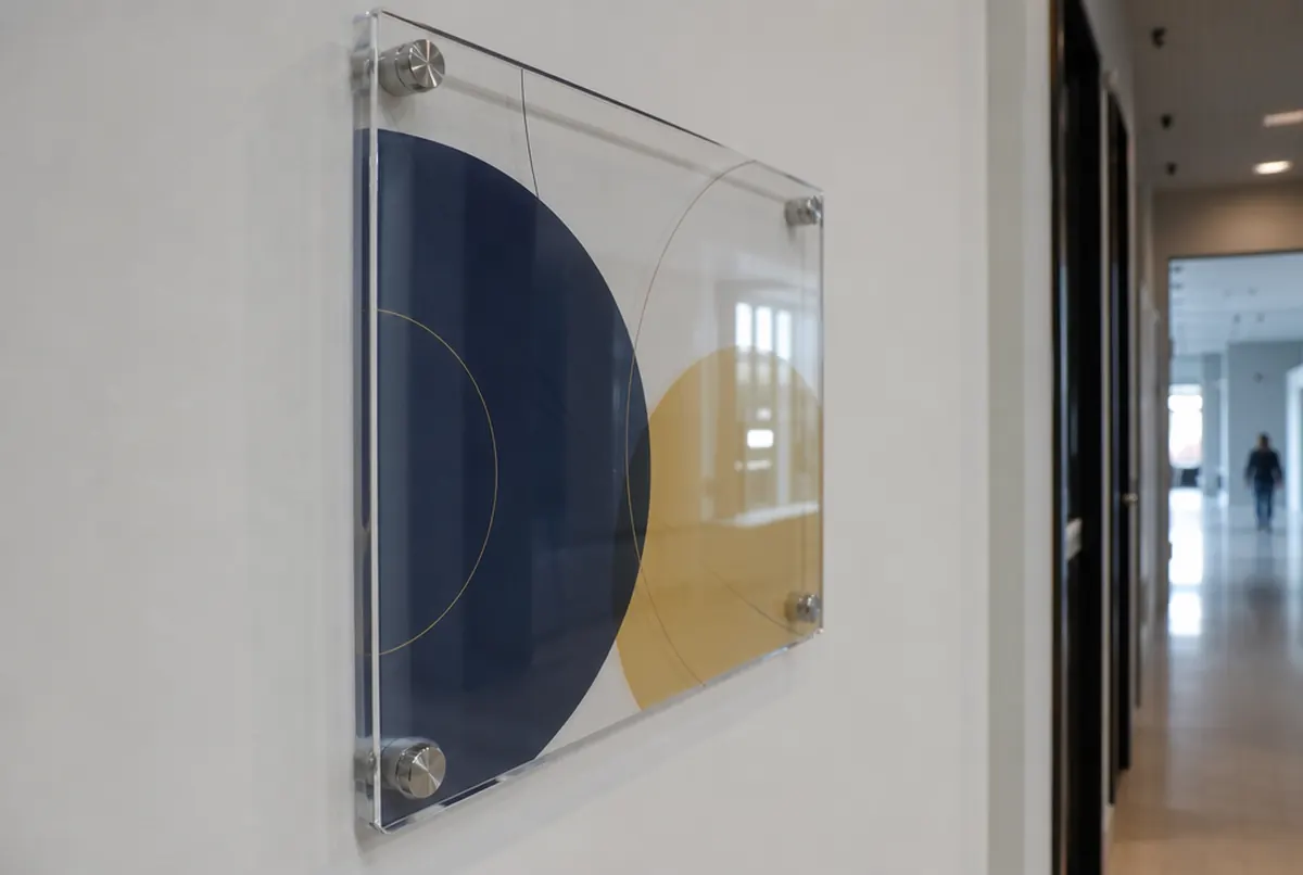 Plaque en plexi aux chants polis sur entretoises inox sur un mur gris